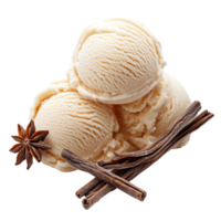 Delicious vanilla ice cream scoops with vanilla pods and star anise against a clean transparent background, Vanilla ice cream isolated on transparent background clipping path included png