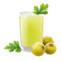 Fresh Indian gooseberries with leaves and juice displayed on a transparent background for healthy lifestyle concepts, Indian gooseberry with leaf and juice on transparent background png