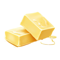 dos delicioso piezas de mantequilla derritiendo juntos en un transparente antecedentes creando un rico, cremoso textura, dos piezas de mantequilla derritiendo aislado png