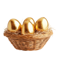Golden Easter eggs beautifully arranged in a rustic basket on a transparent background for a festive celebration, Golden easter eggs in a basket isolated on transparent background png