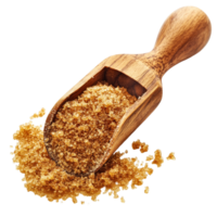 Brown sugar in a wood scoop isolated on a transparent background with a hue for culinary use and presentation, brown sugar in wood scoop isolated on transparent background png