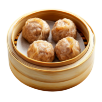Steamed meatball dim sum served in a bamboo steamer on a bright transparent background, steamed meatball, dim sum food isolated on transparent background png