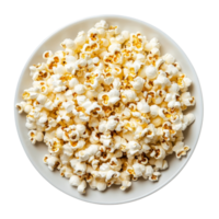 Freshly popped popcorn served in a round plate on a clean transparent background for snacking or movie nights, Popcorn in a plate isolated on transparent background png