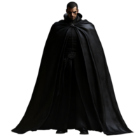 A menacing vampire dressed in a long black cloak stands isolated in an eerie setting at night, scary male vampire in a black cloak, file of isolated object with shadow on transparent background png