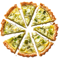 Delicious leek quiche slices neatly arranged on a transparent background ready for serving or presentation, Leek Quiche Slices on transparent background png