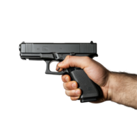 A hand holding a Glock pistol against a clean transparent background in a focused display of firearm handling, Hand Holding Glock Pistol on transparent background png