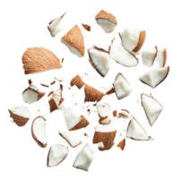 Coconut pieces scattered on a transparent background ready for culinary use or creative presentation, Coconut pieces on transparent background png