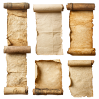 Ancient scrolls and parchment paper showcasing historical writing techniques and materials, Set Ancient Scrolls, Historical Parchment Paper with Aged Texture, Isolated on transparent background png