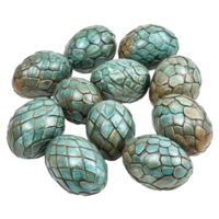Mystical dragon eggs in various shades of teal and brown, arranged on a clean transparent background for enchanting display, Mythical Dragon Eggs on transparent background png