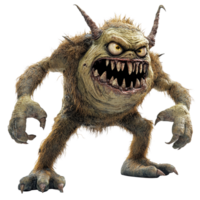 A terrifying monster with sharp teeth and wild fur posed against a stark transparent background, evoking fear and intrigue, Scary monster isolated on transparent background png