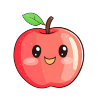 Adorable cartoon apple clipart with smiling face and green leaf on clean transparent background perfect for childrens projects or educational materials, Cute apple fruit on a transparent background png
