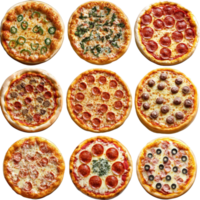 A delightful collage showcasing various pizza types on a transparent background for food lovers everywhere, collage of various types of pizza png