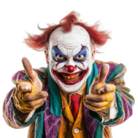 Villainous clown with exaggerated features and menacing expression against a plain transparent background, villain clown isolated on transparent background png