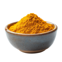 Turmeric powder in a ceramic bowl isolated on a transparent background showcasing its vibrant color and texture, Turmeric powder in ceramic bowl isolated on transparent background png