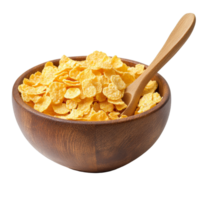 Delicious corn flakes in a wooden bowl with a spoon on a transparent background perfect for breakfast any time of day, corn flakes in wood bowl and spoon isolated on transparent background png