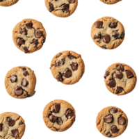 Freshly baked chocolate chip cookies arranged neatly on a clean transparent background, inviting for a sweet treat, cookies on transparent background png
