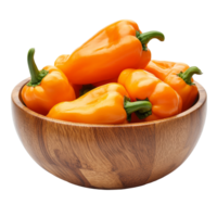 Fresh orange peppers in a wooden bowl ready for a healthy meal or snack, orange pepperscapsicum in wood bowl isolated on transparent background png