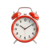 A bright red alarm clock displaying the time against a clean transparent background, Red alarm clock on transparent background png