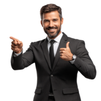Confident businessman smiling and pointing with enthusiasm in a professional setting during daylight, Confident businessman pointing and smiling file no background png