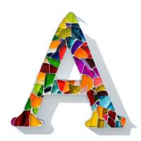 Colorful mosaic letter A crafted from various pieces of displayed against a transparent background in a bright setting, consonant letter a is used to make words on transparent backgroundfile png