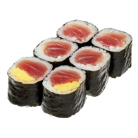 Freshly prepared isolated tuna maki sushi rolls showcasing vibrant fish and rice in a simple presentation, Isolated uncut tuna maki sushi rolls png