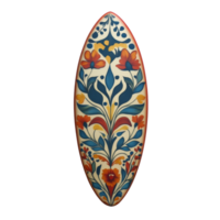 Retro patterned surfboard against a transparent background showcasing vibrant floral design and artistic craftsmanship, surf board with retro pattern transparent background png