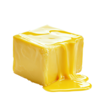 recién Derretido mantequilla cubo en un transparente antecedentes con lustroso textura apareciendo apetitoso y cremoso debajo incluso Encendiendo condiciones, cubo mantequilla derritiendo aislado valores foto png