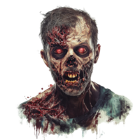 Chilling horror zombie portrait with haunting features and vibrant eyes against a stark transparent background, Horror Zombie Portrait on transparent background png