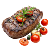 Delicious roasted beef steak served with fresh vegetables on a clean transparent background, roasted beef steak with vegetables isolated on transparent png