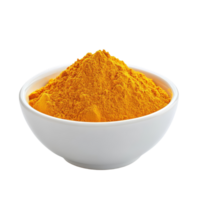 Bright turmeric powder in a transparent bowl isolated against a clean transparent background for culinary and health uses, Turmeric powder in transparent bowl isolated on transparent background png