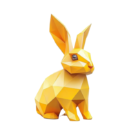 A colorful polygonal yellow rabbit figurine against a clean transparent background creating a modern art aesthetic, Yellow polygonal rabbit on transparent background. Geometric polygonal rabbit png