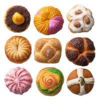 A vibrant assortment of Mexican pan dulce showcasing colorful varieties in a delightful top view layout, mexican pan dulce colorful top view isolated on transparent background png