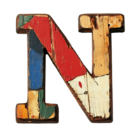 A colorful, rustic wooden letter N displayed on a transparent background, perfect for highlighting creativity and crafting in a unique way, consonant letter n is used to make words on transparent png