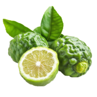 Fresh bergamot fruit halves with green leaves isolated on a transparent background in natural light, Bergamot fruit on transparent background png