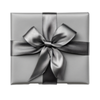 Elegant silver ribbon beautifully tied on a gift box, creating a stunning present for special occasions, Top view of silver ribbon on gift box isolated on transparent backgroundfile png