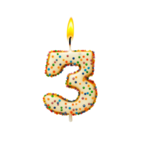 Colorful birthday number three candle with lit flame and sprinkles on transparent background, 5 birthday, number candles with light, isolated on transparent background, transparent background png