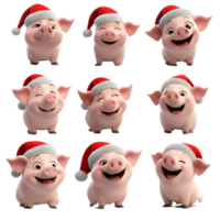 Cheerful cartoon pigs wearing Santa hats celebrating the holiday season on a transparent background, 3D Cartoon Pig Set in Santa Hats on transparent background png