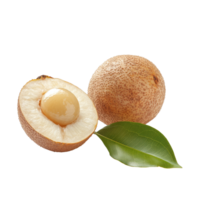 Half longan fruit presented on a clean transparent background with green leaves adding natural contrast, half longan isolated on transparent background png