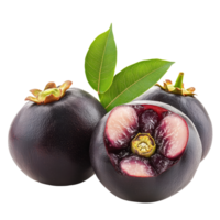 Closeup of fresh mangosteen with leaves isolated on a clean, transparent background showcasing its vibrant color and unique shape, Closeup mangosteen isolated on transparent background png