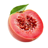 Red guava with a green leaf isolated on a clean transparent background showcasing its vibrant color and texture, red guava isolated on transparent background png