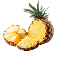 Fresh pineapple slices on a transparent background showcasing vibrant yellow fruit and green leafy crown, piece of pineapple with slices on transparent background png