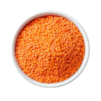 Fresh red lentils in a transparent bowl on a transparent background ready for cooking or meal preparation, Red lentils in transparent bowl isolated on transparent background png