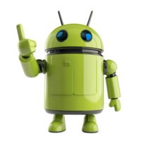 A green android figure with a pointing gesture on a transparent background showcasing interaction, Android Hand Pointing Gesture on transparent background png
