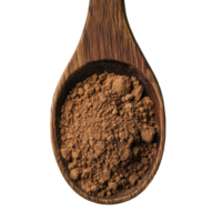 Cocoa powder resting in a wooden spoon against a pristine transparent background captured in bright tones, Cocoa powder in a wood spoon on transparent background png