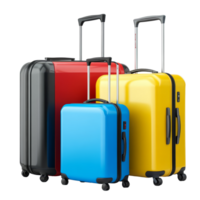 Colorful travel suitcases in blue, yellow, red, and black arranged in a stylish manner for your next adventure, travel suitcases, blue, yellow, red and black isolated on transparent background png