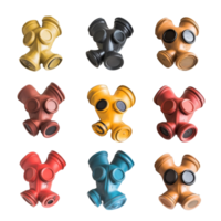 Various colored gas masks arranged creatively on a transparent background showcasing unique designs and styles, Gas Masks in Various Colors on transparent background png