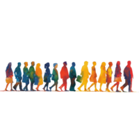 Colorful line of diverse individuals walking together on a bright transparent background, symbolizing unity and inclusivity in society, Colorful Diversity Line of People on transparent background png