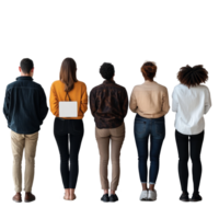 Diverse group of people waiting in line against a simple backdrop during a daytime event, Diverse people waiting patiently in line png