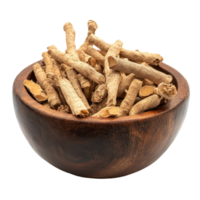 Discover the health benefits of finger root Krachai in a wood bowl on a transparent background, finger root Krachai Thai herb in wood bowl isolated on transparent background png