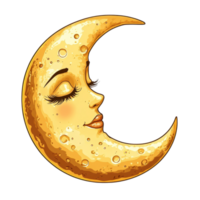A cartoon crescent moon with a serene face against a bright transparent background, showcasing whimsical charm and nighttime element, Cartoon Crescent Moon with Face on transparent background png
